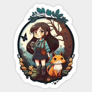 Girl & Orange Cat Kawaii Anime Floral Cat & Coffee Lovers Sticker